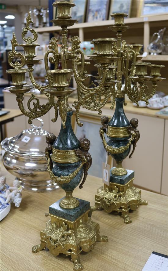 A pair of bronze and marble six branch candelabra height 61cm